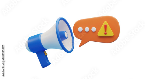 3D megaphone with orange speech bubble and warning symbol bullhorn announcement isolated on a transparent background