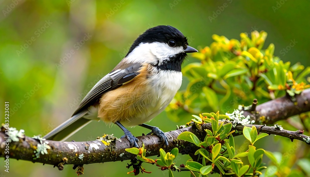 Naklejka premium A detailed close-up of a chickadee perched on a branch, showcasing its black, white, and brown plumage against a backdrop of vibrant green foliage and blurry out-of-focus background.
