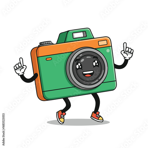 Cartoon groovy photo camera retro character. Isolated vector funky, hippie style photocamera personage adorned with vibrant daisy flowers, stars and playful smile push shooting button to make snapshot