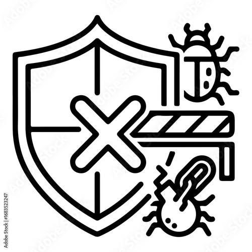 Cybersecurity shield icon with antivirus protection stopping bugs and threats vector illustration