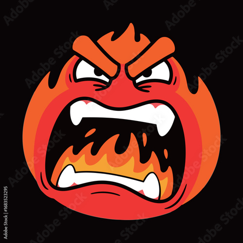 Angry cartoon fire face with a furious expression and sharp fangs, perfect for conveying emotions of rage, frustration, and fury on a black background.