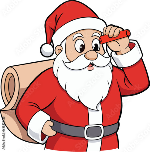 Cartoon Santa Claus looking through a red spyglass 1