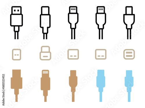 usb cable icons set, USB type C, A,B, lightning and micro-usb icon, Charger vector icon, vector illustration.