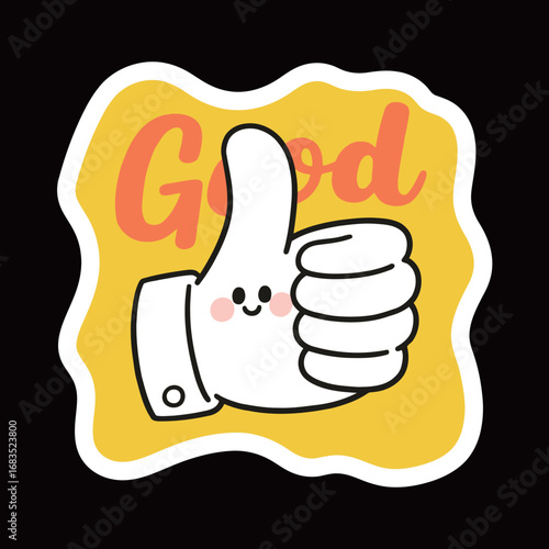 A cute and smiling hand icon giving a thumbs up, with the word "Good" on a yellow background, symbolizing approval, positivity, and success.