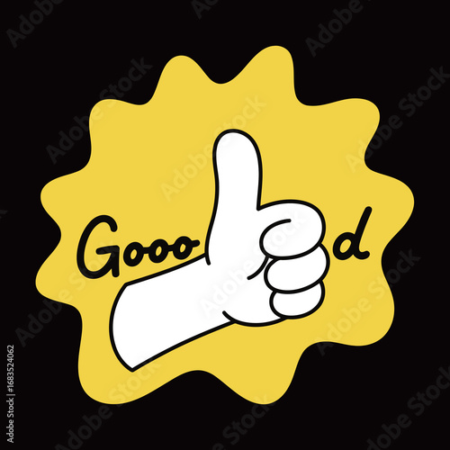 Cartoon thumbs-up gesture with a "Good" text on a bright yellow splash background, a cheerful and dynamic sticker for approval, positivity, and success.