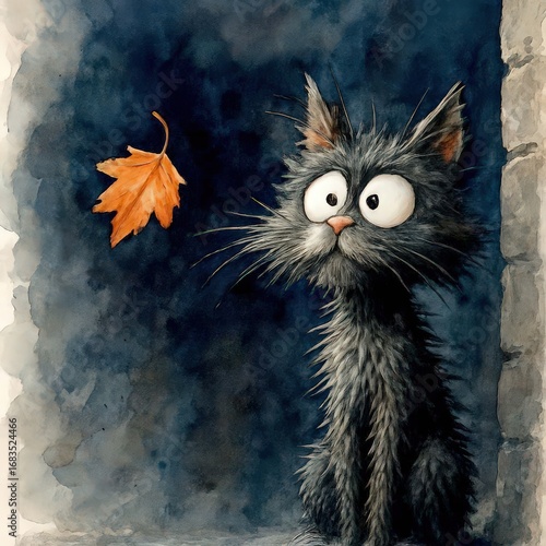 A scruffy black cat with wide, startled eyes gazes at a single falling orange autumn leaf  