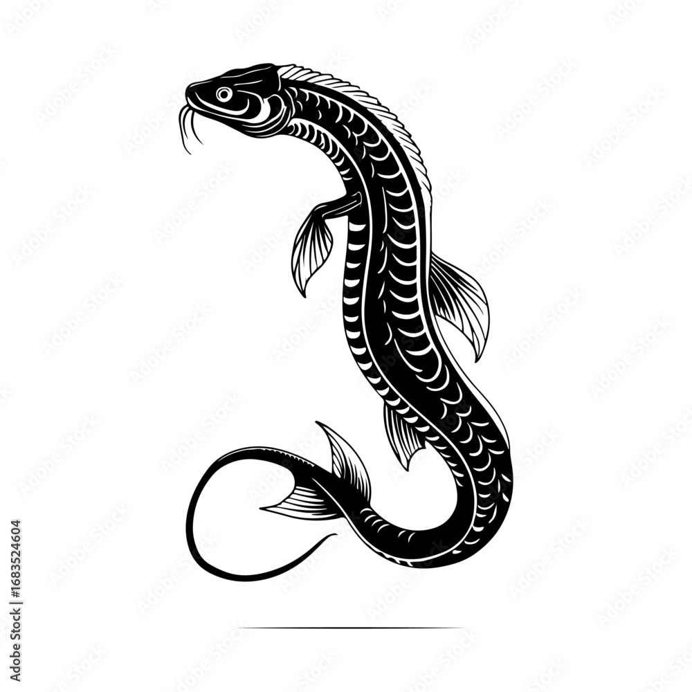 Obraz premium Black and white vector illustration of an artistic dragon fish, suitable for use in fantasy novels, cover designs, gaming posters, tattoo art, comics artwork, and digital illustrations.