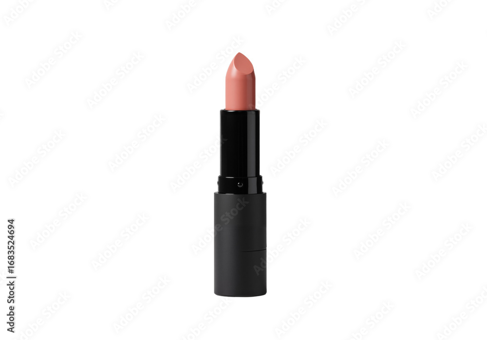 Obraz premium Elegant nude peach lipstick in a minimalist black tube, isolated on a transparent background. Cosmetic beauty product photography concept