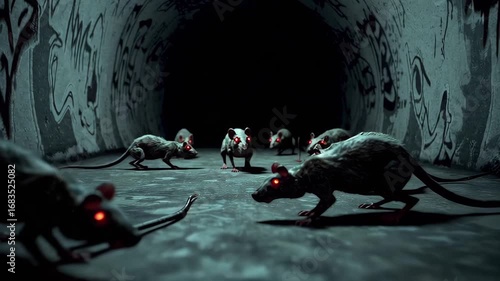 A pack of sinister rats with glowing red eyes lurk in a dark, graffiti-covered tunnel. Shadows and eerie lighting create a chilling atmosphere full of suspense, fear, and the unknown lurking undergrou