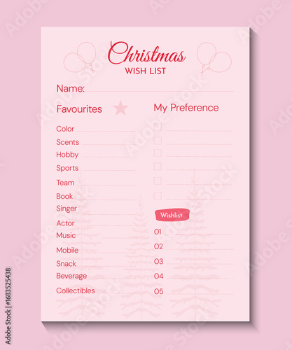 Modern and Minimal Christmas Wish List Template for Holiday Gift Planner and Family Organizer Vector Illustration Pink Accent