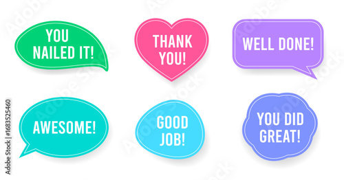 Collection of motivational stickers with positive messages: You nailed it!, Thank you!, Good job!, Awesome!, Well done!, and You did great!. Bright colorful design, perfect for encouragement, apprecia