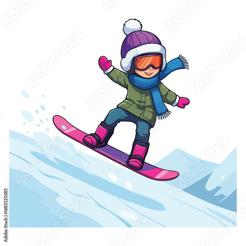 A snowboarder in colorful winter gear jumps high against a blue sky, performing a fun action sport on a snowy mountain