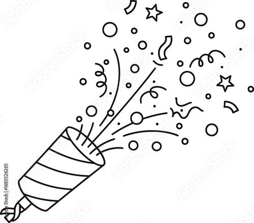 Festive party popper exploding with confetti and stars on a clean white backdrop