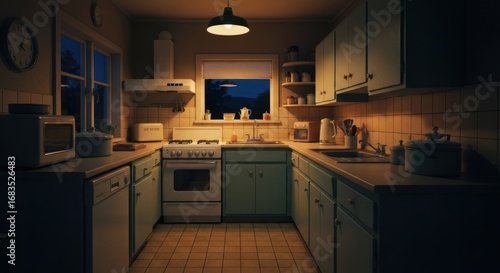 A cozy, dimly lit kitchen at night, featuring vintage appliances and muted colors.  Windows show the outside night