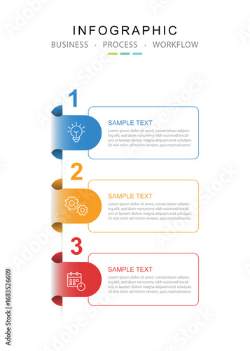 Modern template infographic with 3 step process and icons can be used for workflow, business information, presentation and data visualization