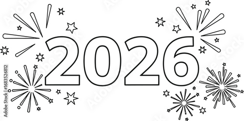 Outlined 2026 new year design with fireworks and stars for coloring page fun