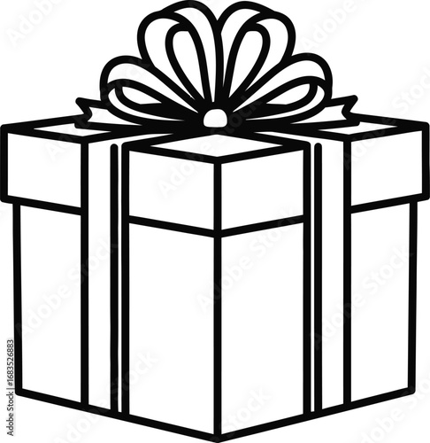 Simple line art illustration of a gift box with a bow on a white background