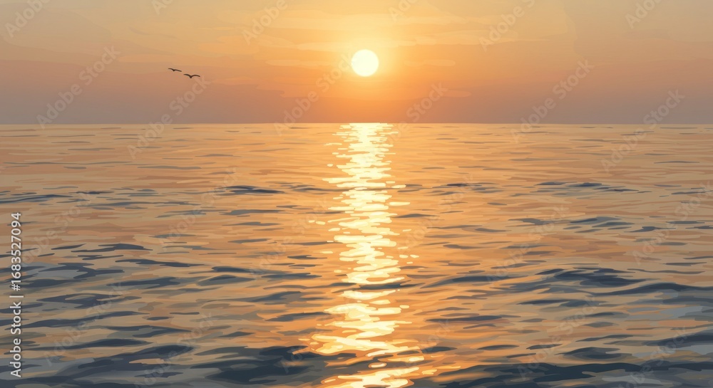 Obraz premium A serene sunset over tranquil ocean waters, featuring a golden sun reflecting on the still surface.