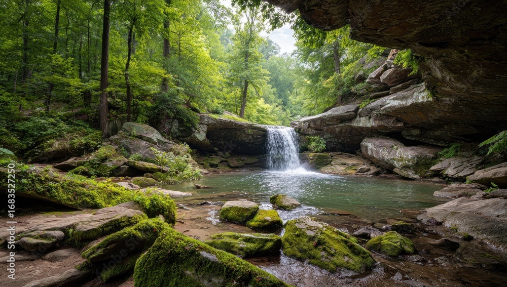 Obraz premium Lush waterfall cascading into a tranquil pool beneath a rock overhang. Dense forest surrounds the scene