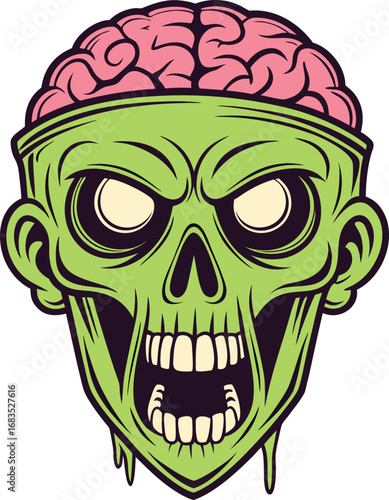 Vector art of scary green zombie head with exposed pink brain, open mouth, and menacing eyes