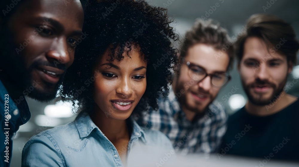 Fototapeta premium A diverse business team collaborates intently analyzing data and strategizing solutions in a dynamic modern office environment