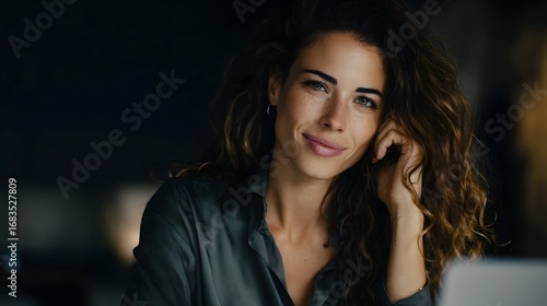 Wallpaper Mural Confident and elegant woman smiling warmly in a soft lit indoor setting portraying a modern professional lifestyle Torontodigital.ca