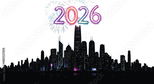 City skyline silhouette celebrating the new year 2026 with fireworks display above