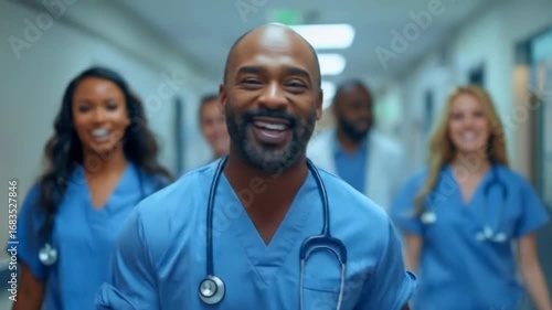 Confident team of doctors and nurses walking in hospital corridor
