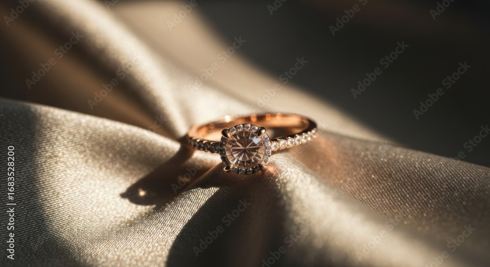 Obraz premium A delicate gold ring with a center diamond rests on a draped, light beige satin fabric, bathed in warm sunlight