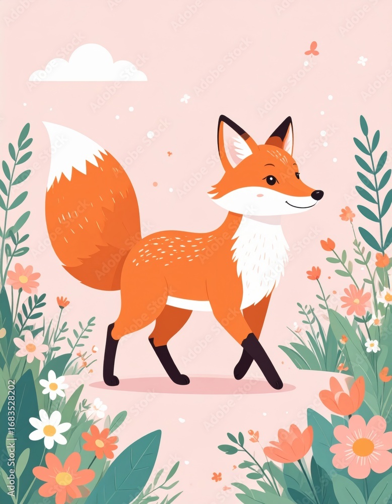 Obraz premium A whimsical illustration of a fox walking among colorful flowers against a soft pink background, embodying a playful and cheerful vibe.