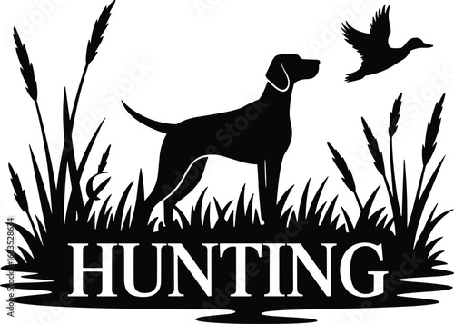 Hunting dog pointing at flying duck, black and white silhouette logo, outdoor bird hunting design, grass field, nature scene, emblem