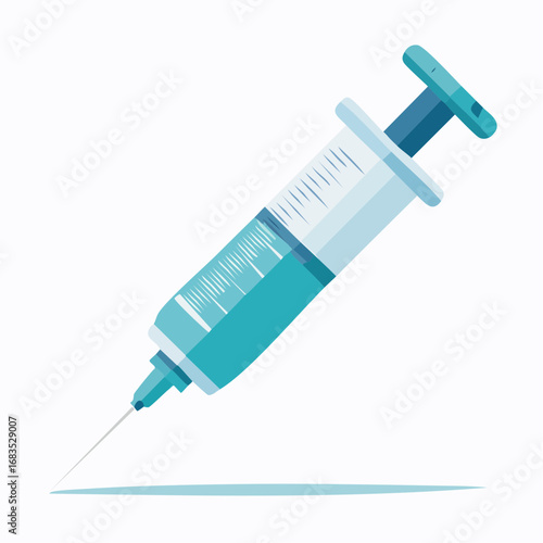 A teal medical syringe, needle pointed down, ready for injection.