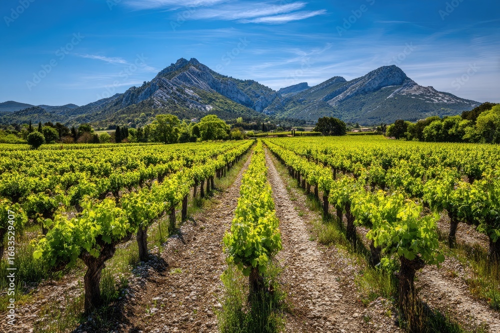 Fototapeta premium Lush vineyard rows stretch towards a backdrop of mountains under a vibrant blue sky