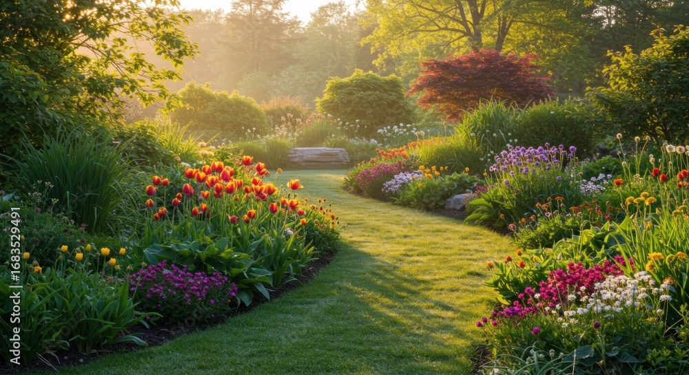 Obraz premium A sun-drenched garden path winds through vibrant flowerbeds bursting with spring blossoms, showcasing a harmonious blend of colors and textures.