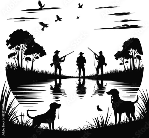 Silhouettes of hunters with dogs by moonlit lake, waterfowl in sky, black and white nature scene, outdoor hunting concept