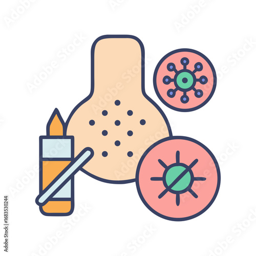 Graphic illustration of acne treatment with antiseptic and virus