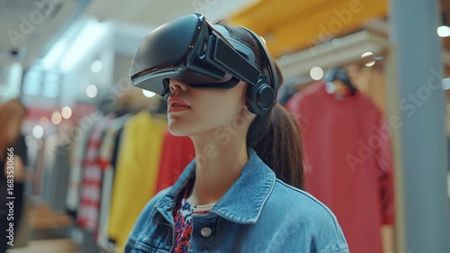 A young woman in a denim jacket wearing a VR headset inside a colorful clothing store, photorealistic and immersive.