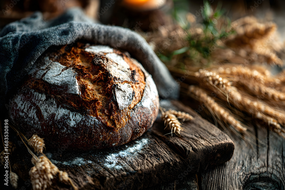 Obraz premium A loaf of sourdough bread on a rustic wooden surface, partially covered with a dark gray cloth, accompanied by wheat stalks and other grains.