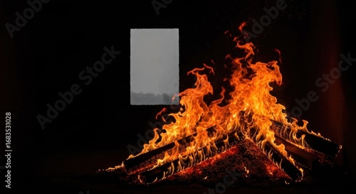 A fiery bonfire in a dark room, with a glimpse of an outdoor scene through a window