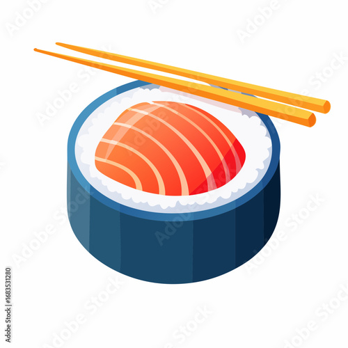 A single salmon maki sushi roll rests on a dark blue plate, accompanied by chopsticks.