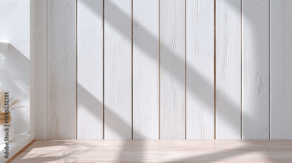 Fototapeta premium White wooden slat wall with vertical lines and natural light shadows creates modern minimalist interior background with soft texture and warm atmosphere