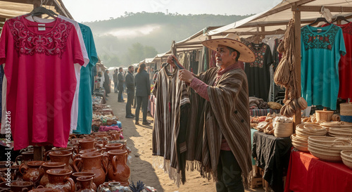 Exploring the vibrant market of traditional Mexican culture with authentic crafts and clothing