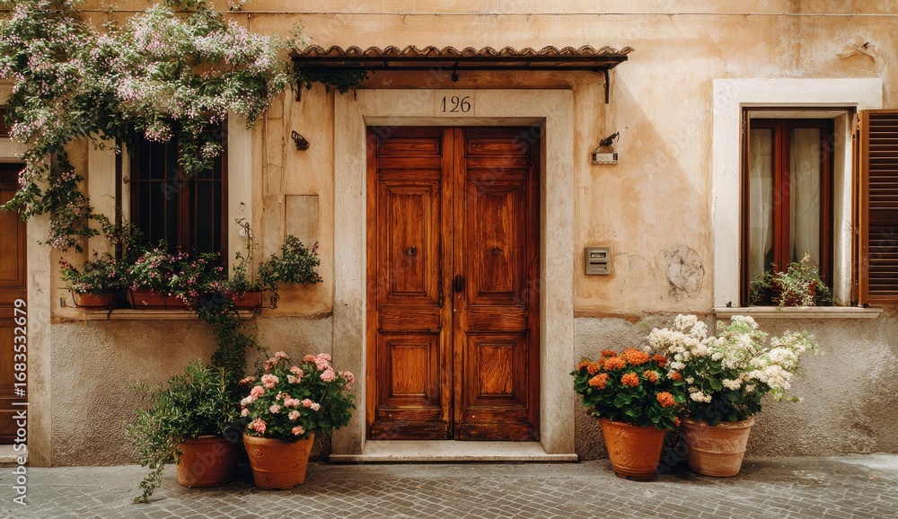 Naklejka premium Italian terracotta-colored building facade with a brown wooden door and potted flowers