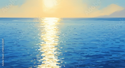 A serene seascape at sunset, showcasing vibrant hues of blue and gold reflecting on the placid water's surface.