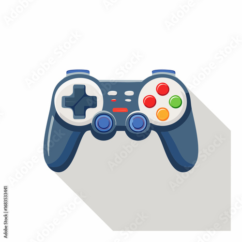 A dark-blue video game controller with colorful buttons, cast shadow.
