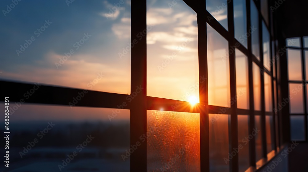 Fototapeta premium Corporate office sunset view through black-framed windows with warm light and shadows, modern business background for design, presentation, and advertising