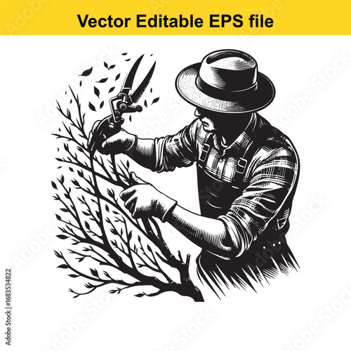 Gardener pruning a tree with shears, vector illustration