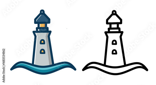 A lighthouse icon with two design variations in colored and outline styles representing coastal navigation, sea safety, marine signal, and nautical graphic resource