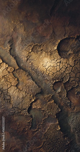 Textured, cracked earth or metal surface in deep gold and brown tones.  Deep fissures and irregular patterns