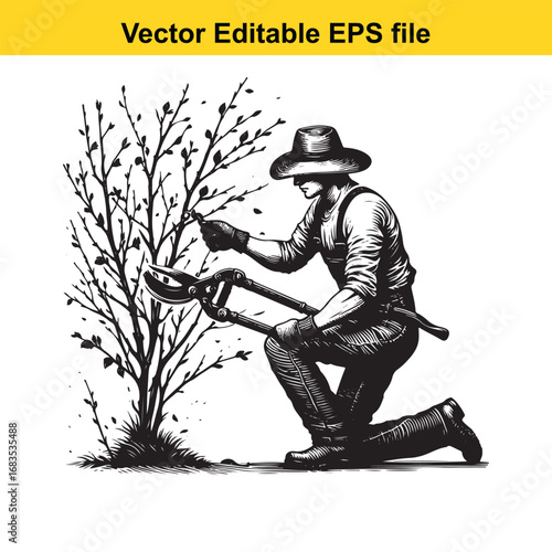 Gardener pruning a tree with large shears, vintage illustration style